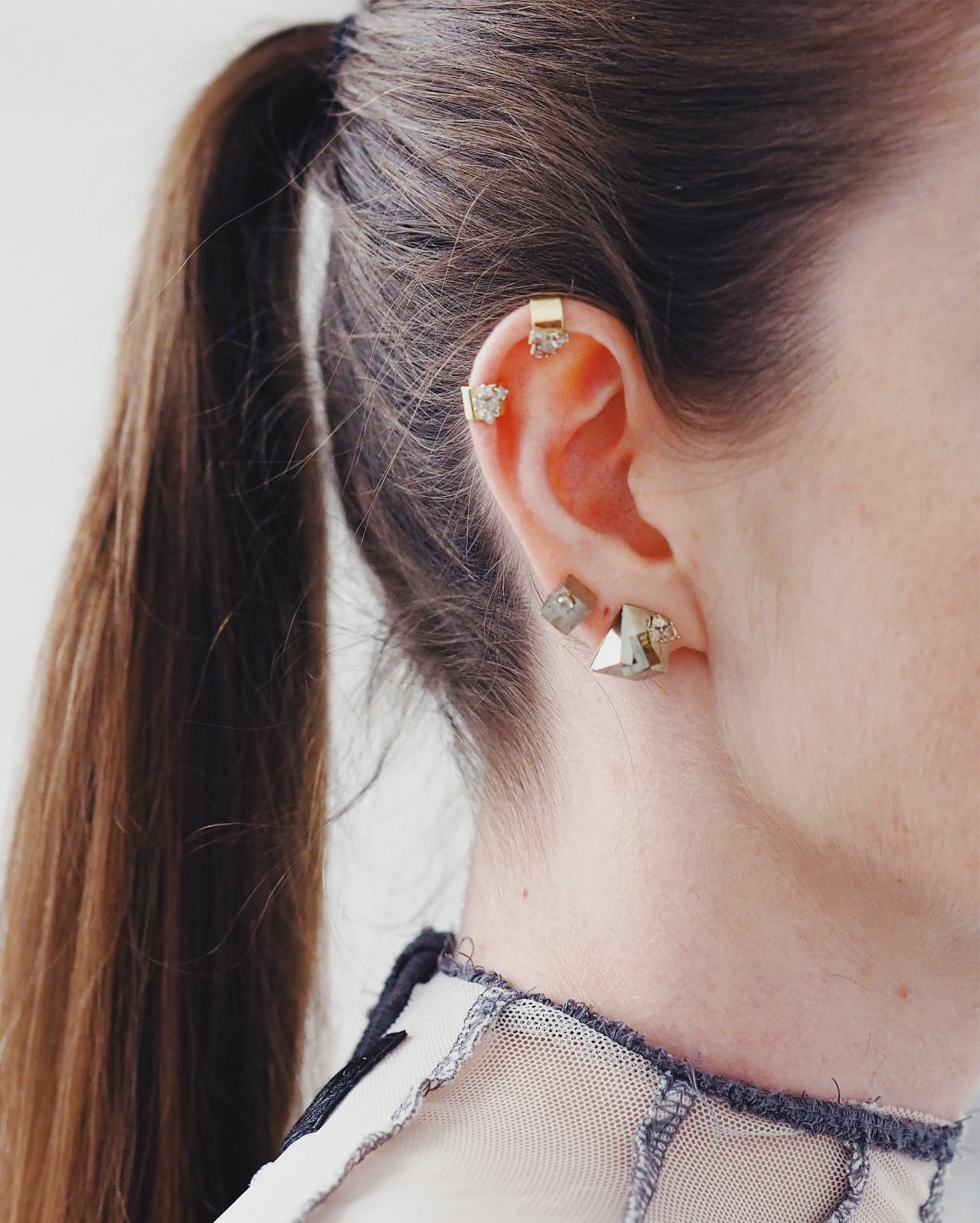 PYRITE AND CLUSTER OF THREE DIAMONDS EARRING