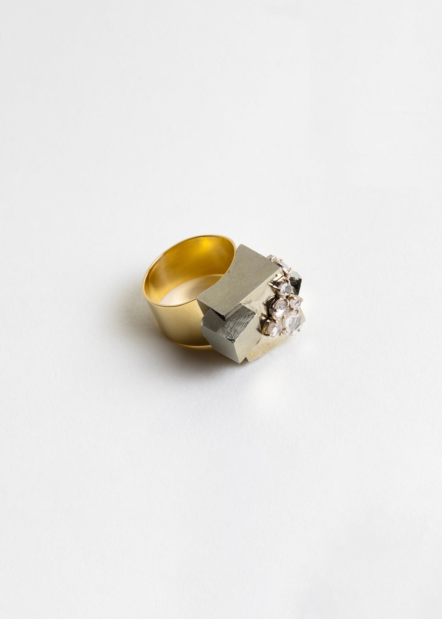 Pyrite, gold & 7 diamond cluster ring