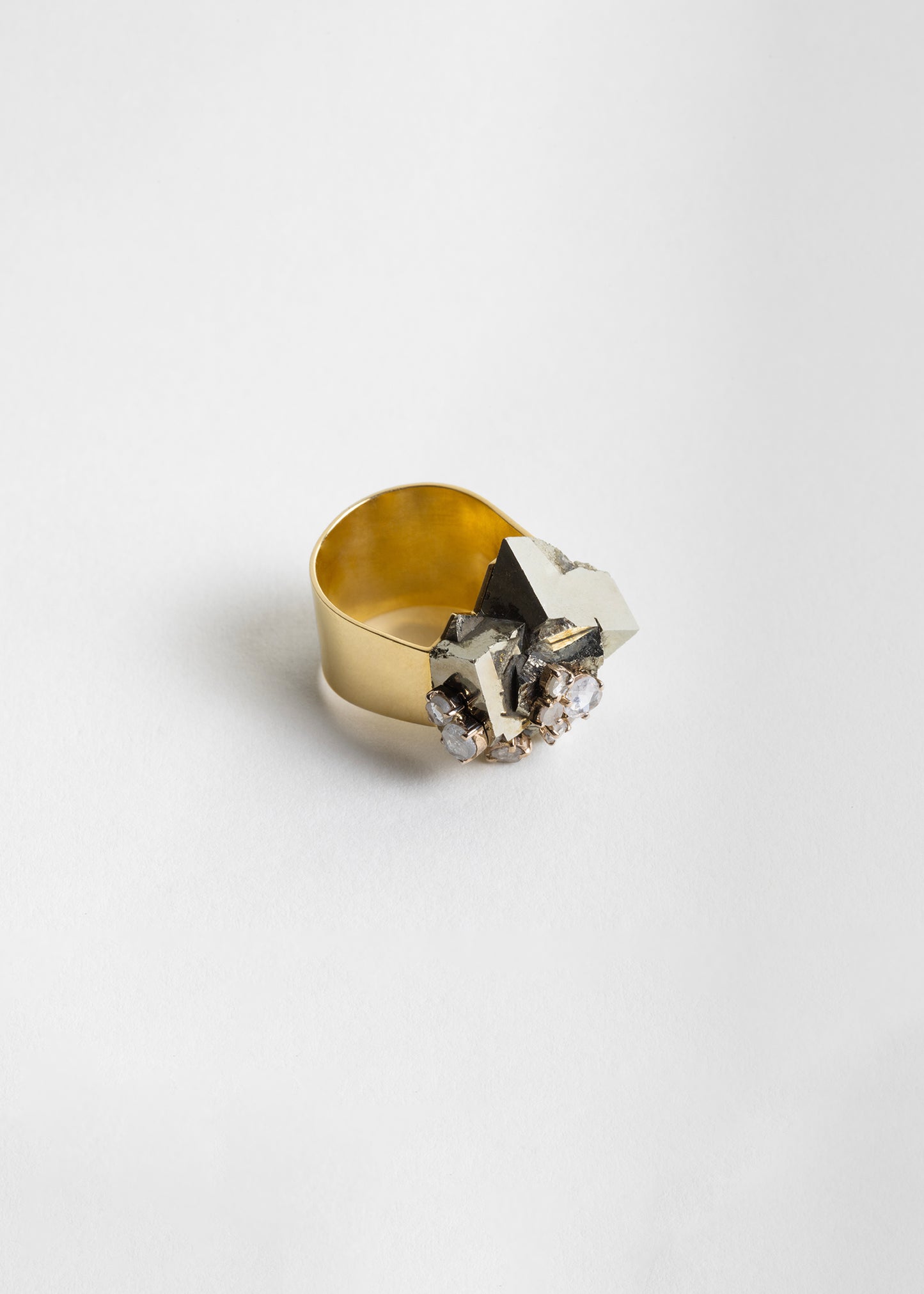 Pyrite, gold & 8 diamond cluster ring