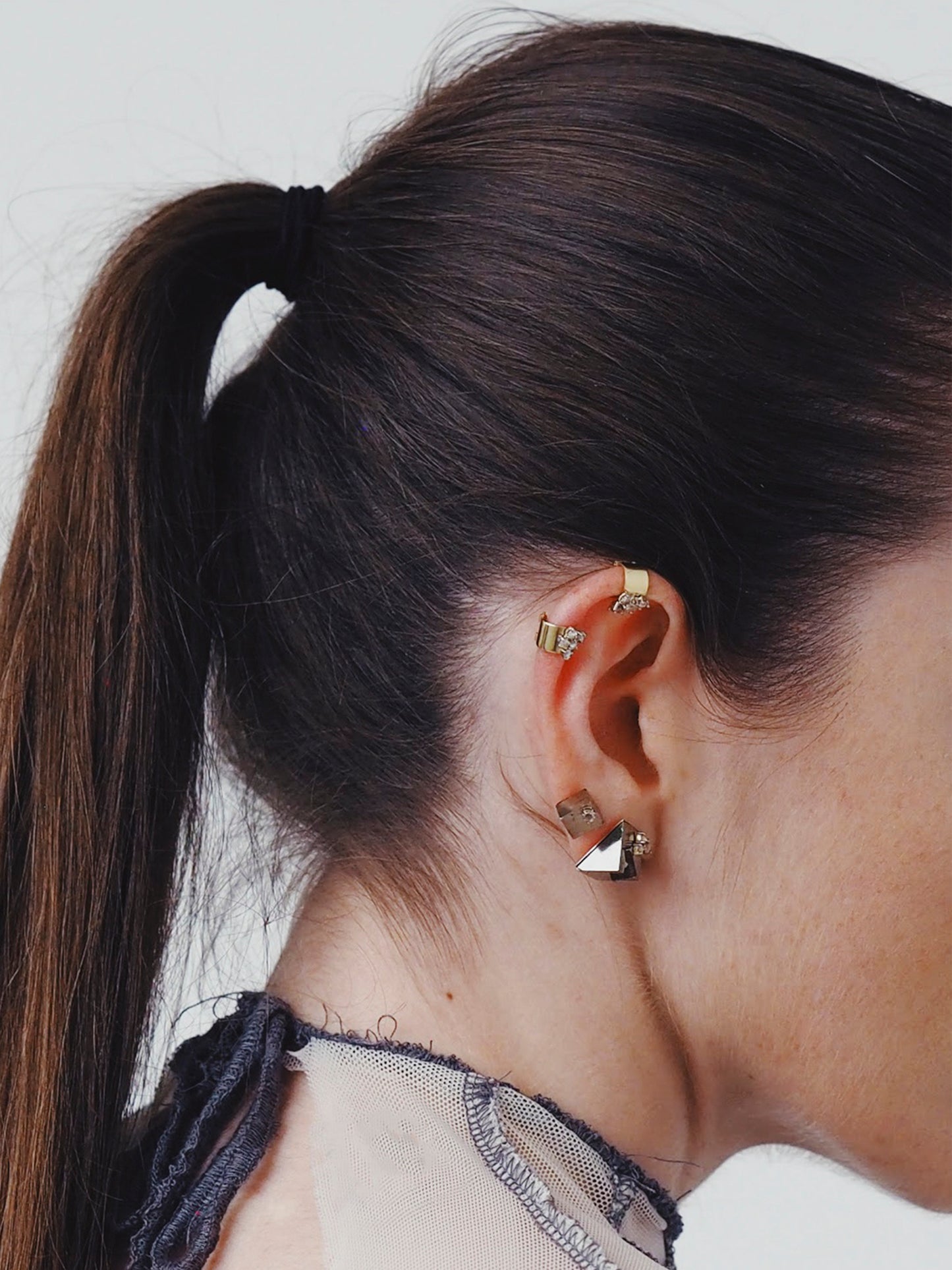 Cubic pyrite & diamond gold earring